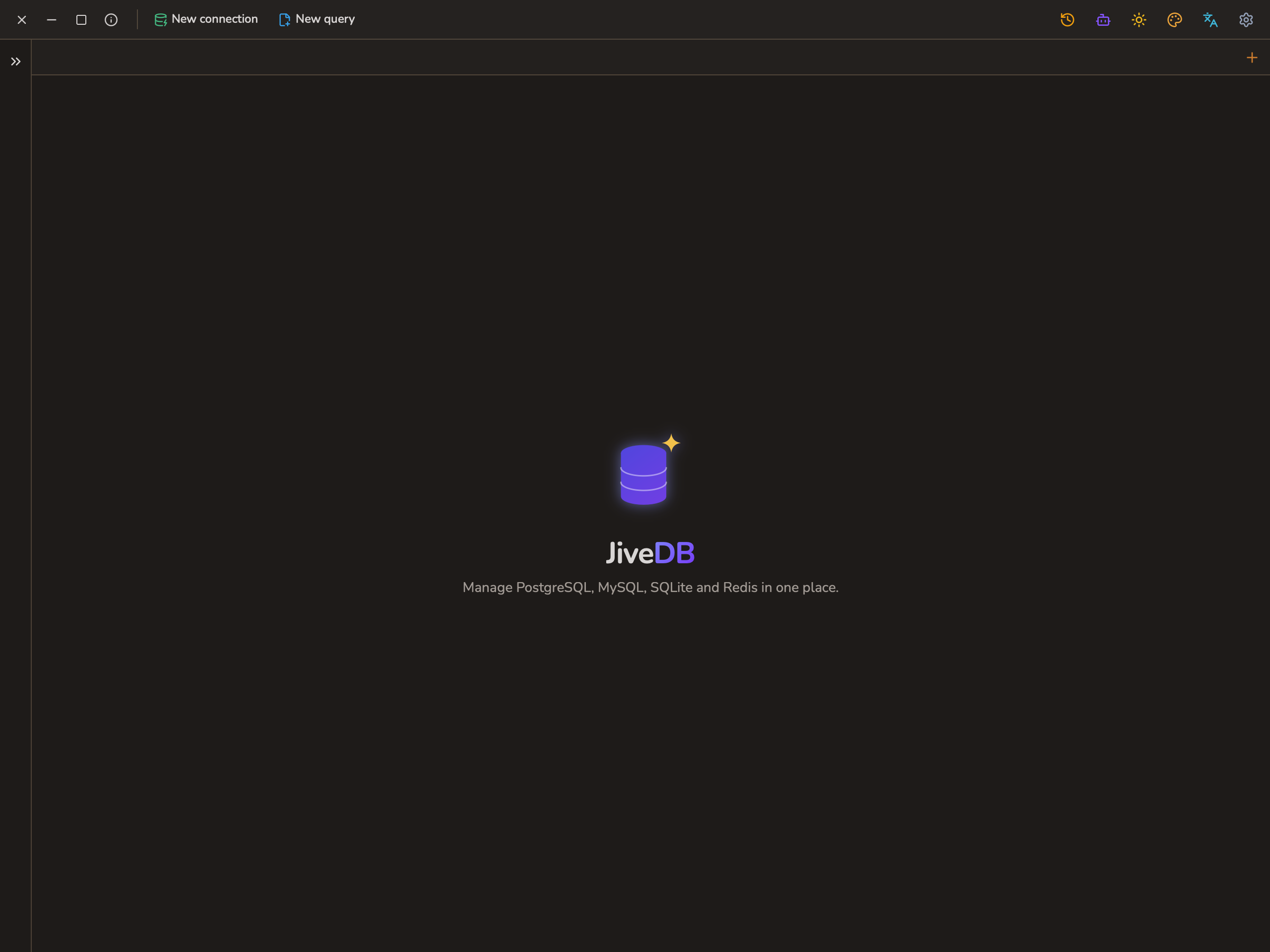 JiveDB main window on first launch, no connection open yet