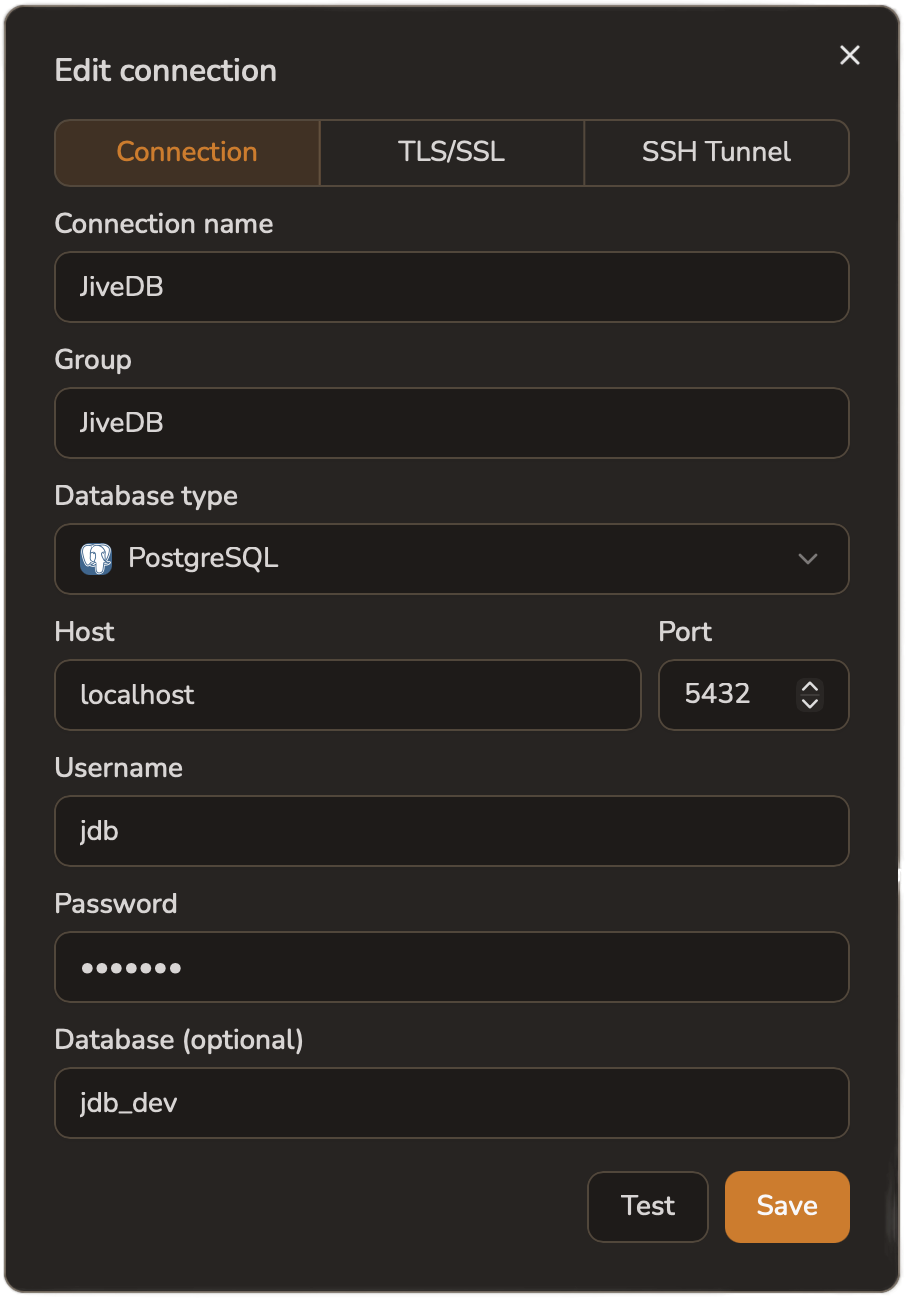 The connection dialog on the Connection tab, editing a PostgreSQL connection