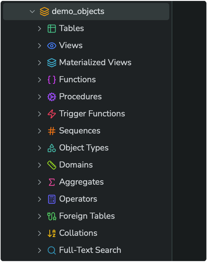 The sidebar tree, with a PostgreSQL schema expanded to show every object-type category