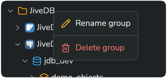 Right-click menu on a connection group folder