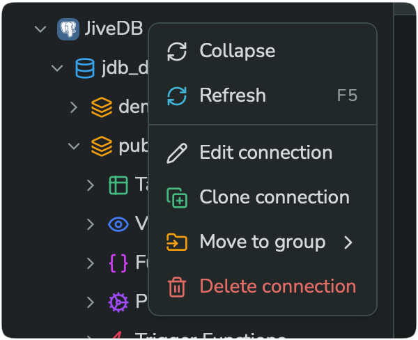 Right-click menu on a connection node