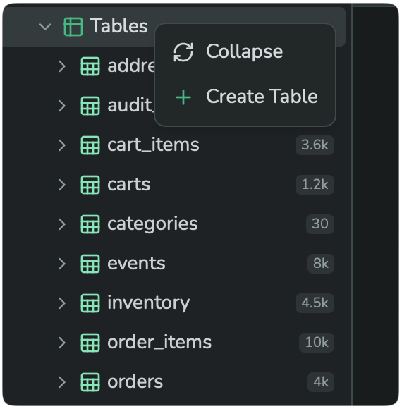 Right-click menu on the Tables category node