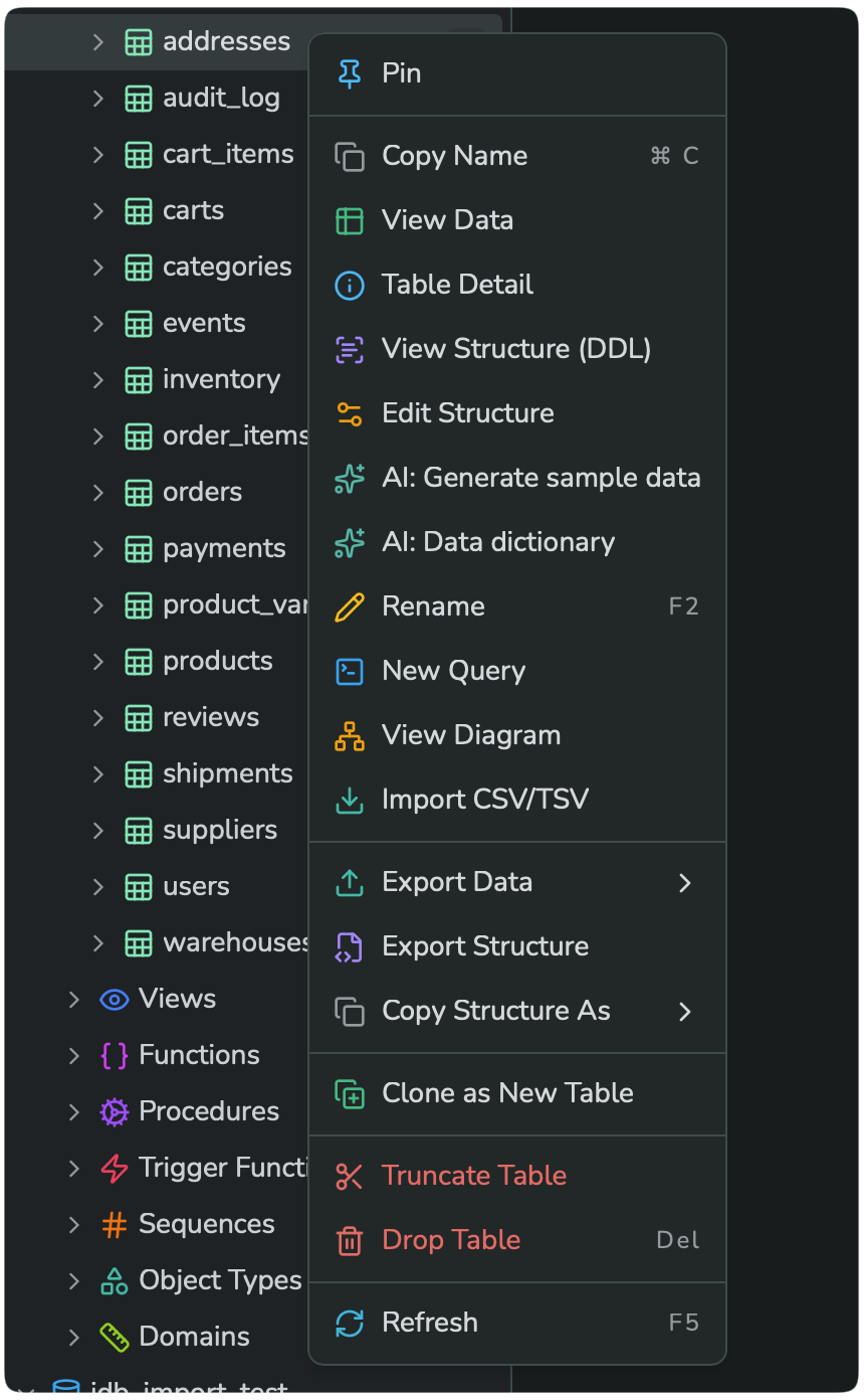 Right-click menu on a specific table
