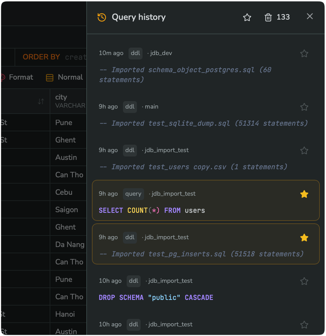 The query history panel, listing past executed statements with timestamps and database names