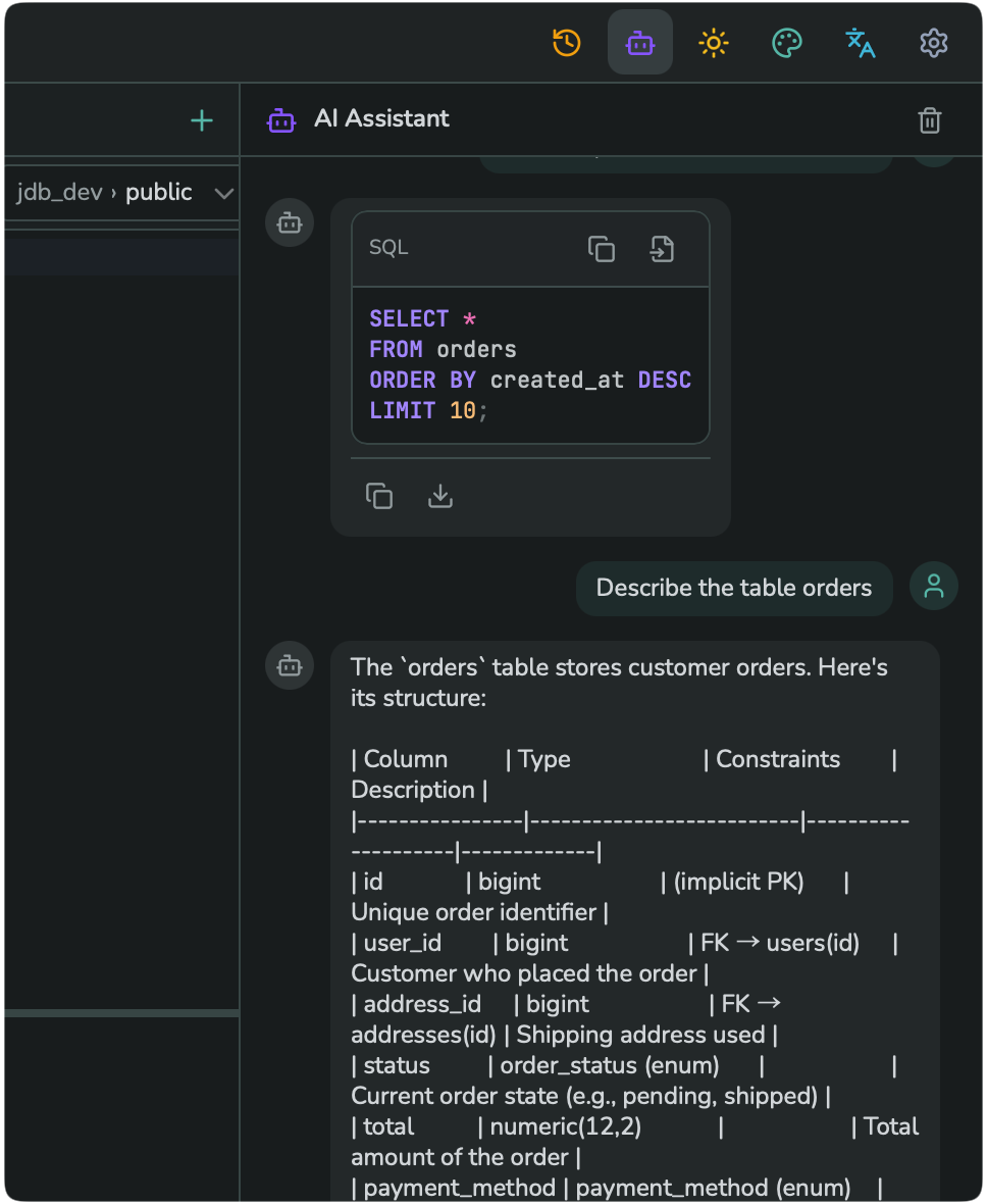 The AI Assistant chat panel, open next to the query editor