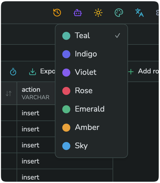 The accent color dropdown, listing Teal, Indigo, Violet, Rose, Emerald, Amber, Sky