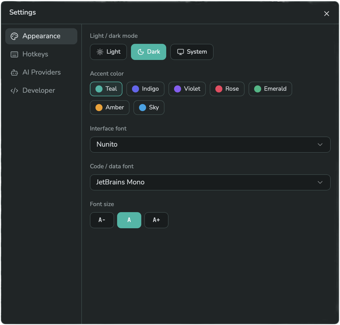 The Settings dialog, Appearance section, with mode, accent color, fonts, and font size