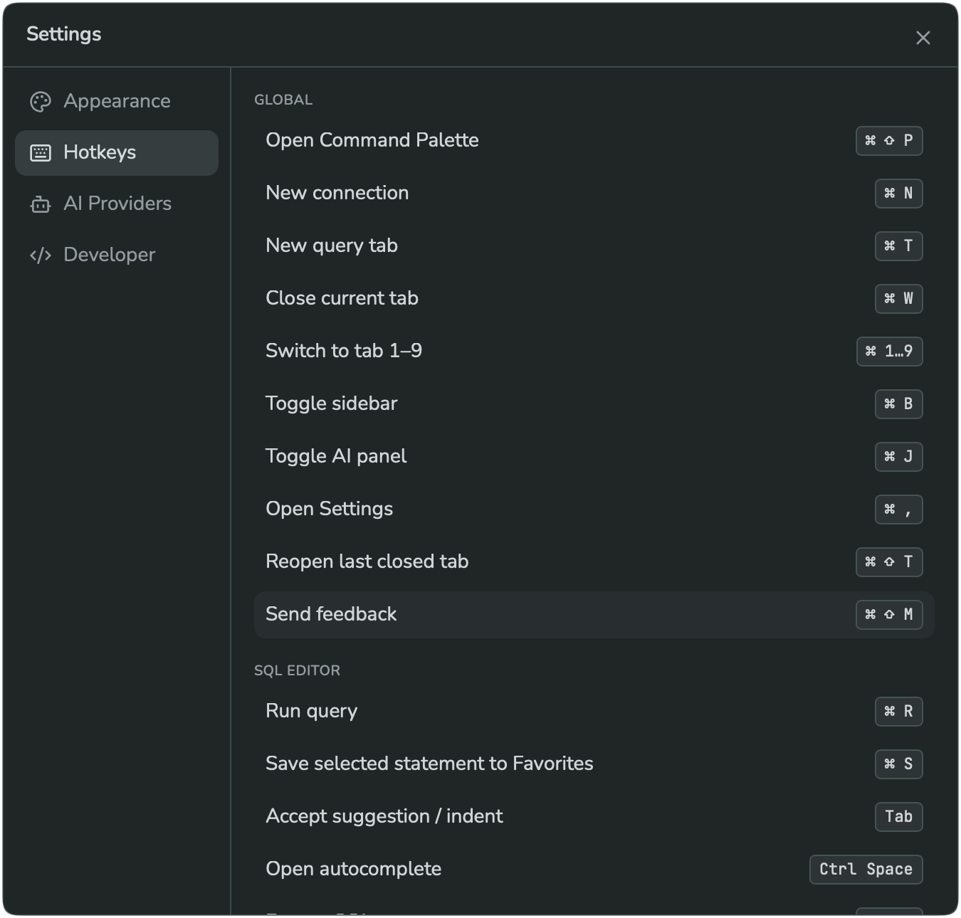 The Hotkeys section, listing global shortcuts like Command Palette, New connection, New query, and more