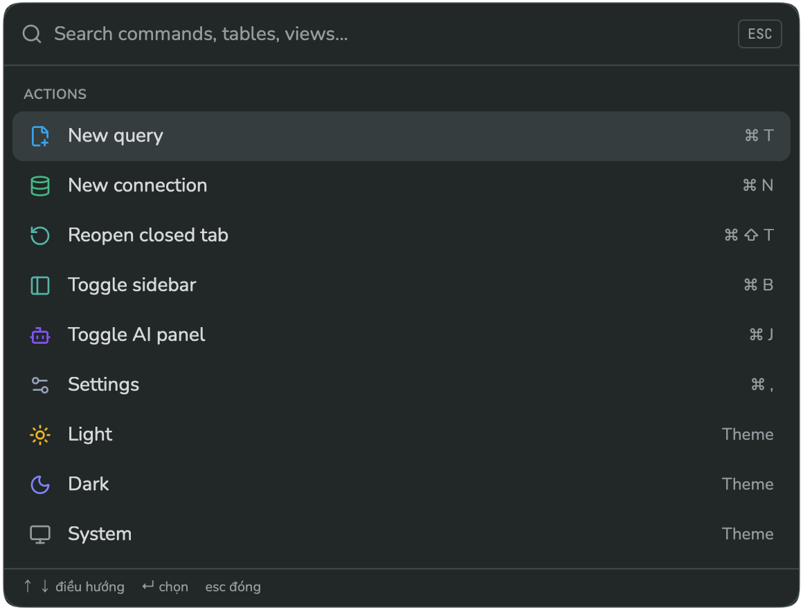 The command palette, with a search box and a list of actions like New query, New connection, and theme switches