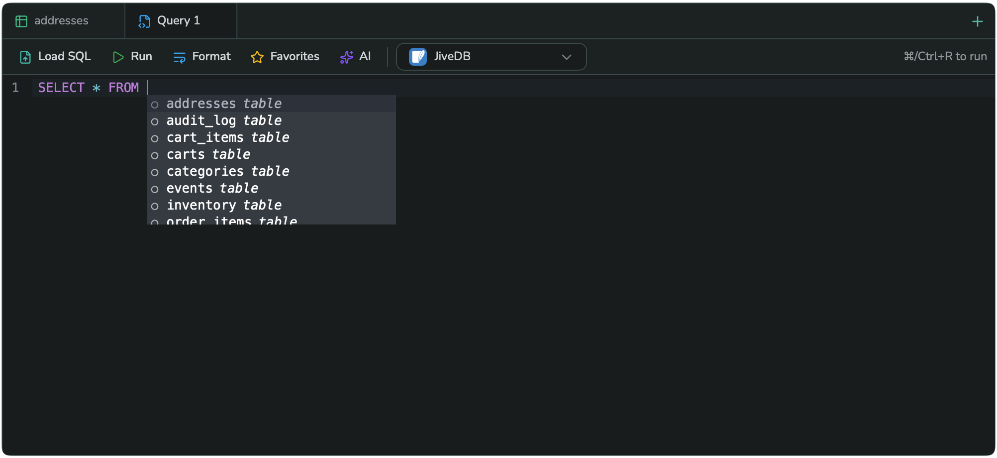 Typing "SELECT * FROM" shows a dropdown of real table names from the connected database