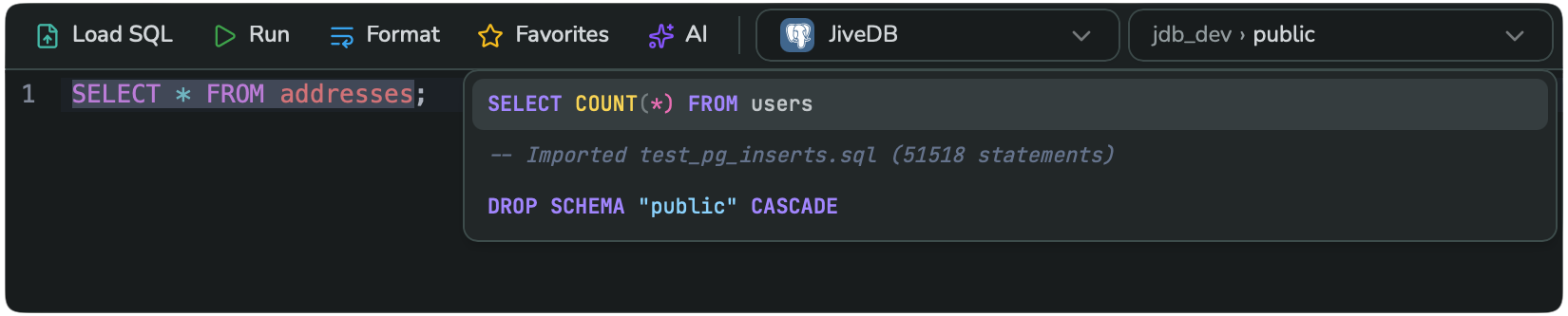 The Favorites dropdown, listing starred SQL statements