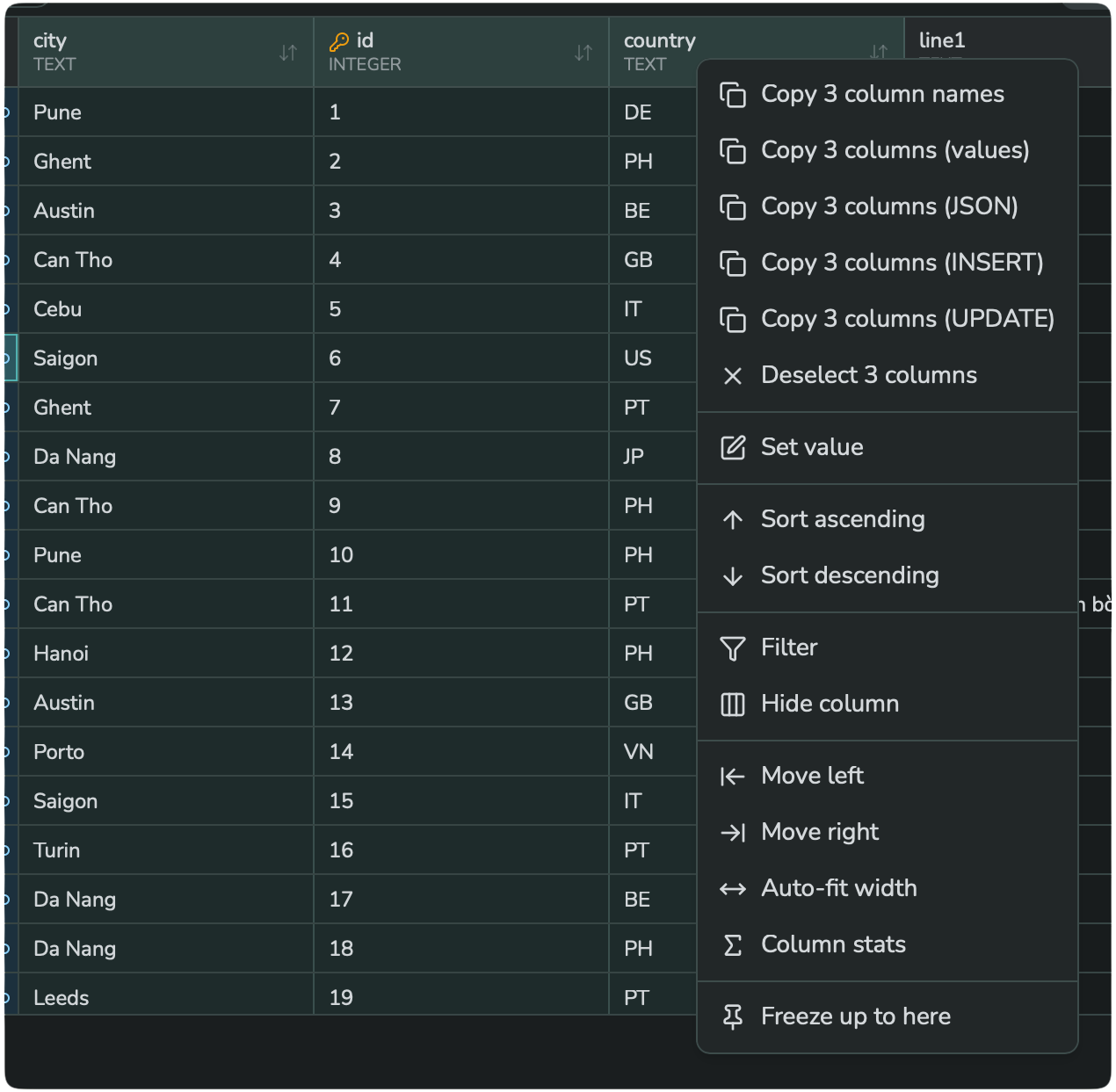 Whole columns selected, with a menu offering sort, filter, hide, and column stats