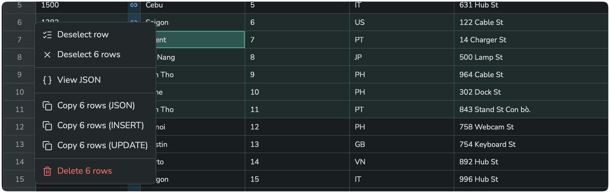 Several whole rows selected, with a menu offering JSON view and bulk delete