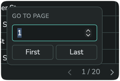 The Go to page popover, with a page number input and First/Last buttons