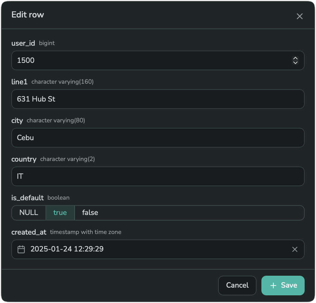 The Edit row dialog, with one input per column, including a boolean toggle and a date/time picker