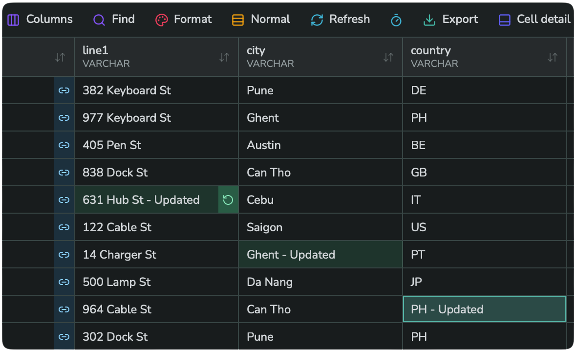 Three cells shown with a green "pending edit" highlight before being saved