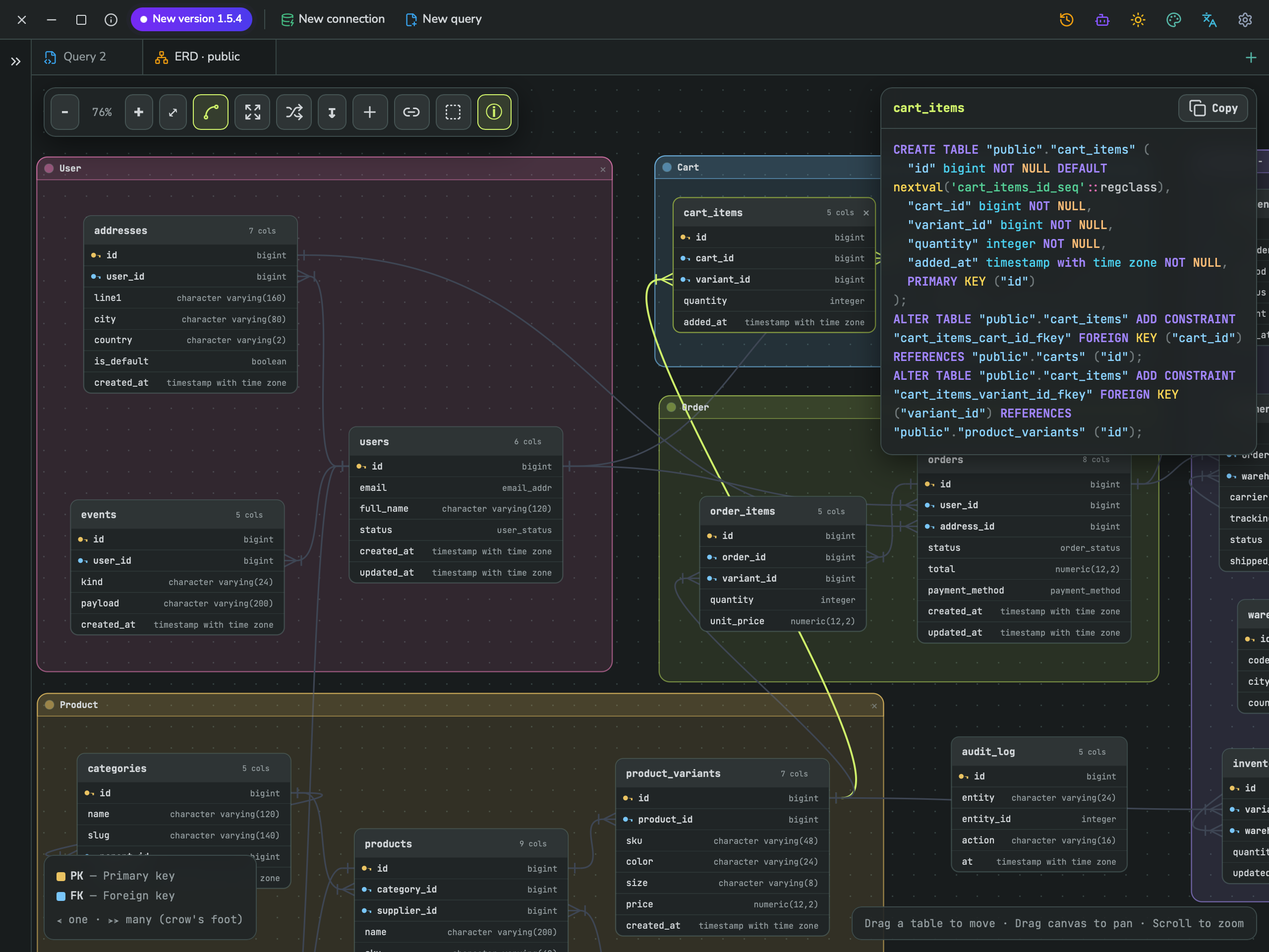 The Info panel, showing the CREATE TABLE and foreign key statements for cart_items
