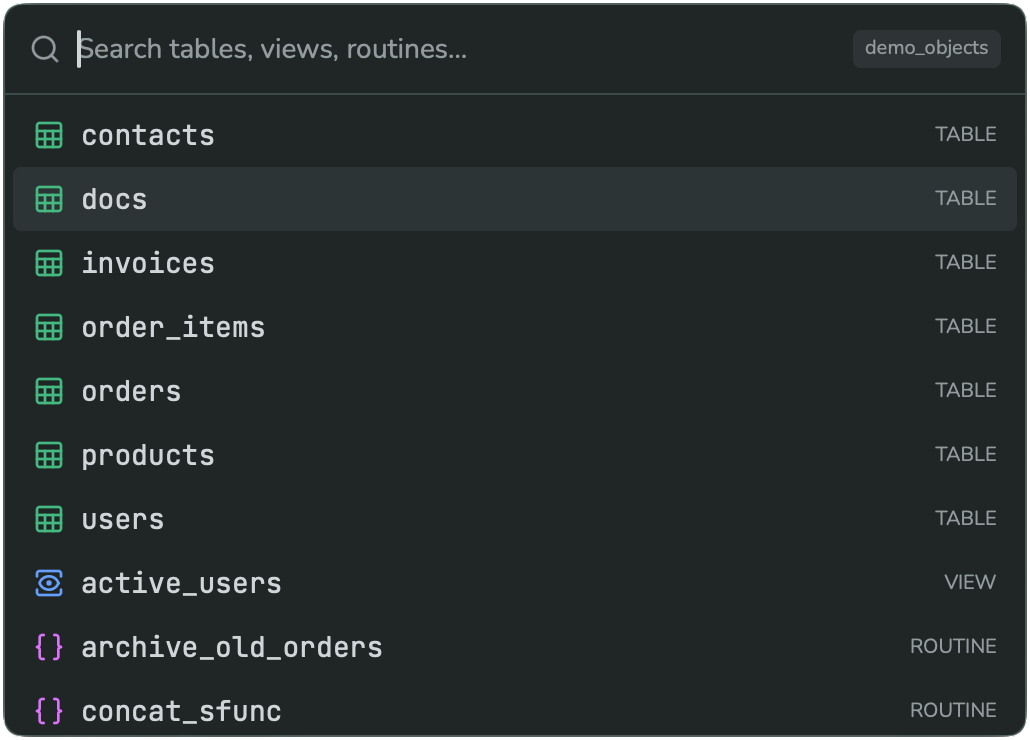 A schema search box, listing matching tables, views, and routines with colored type badges