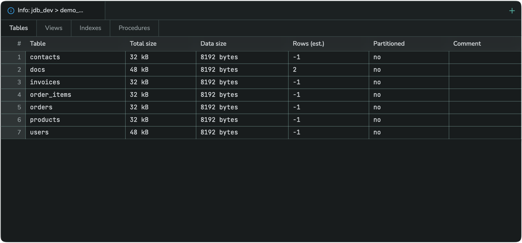 The Tables sub-tab of the Info tab, listing table name, total size, data size, row count, and comment