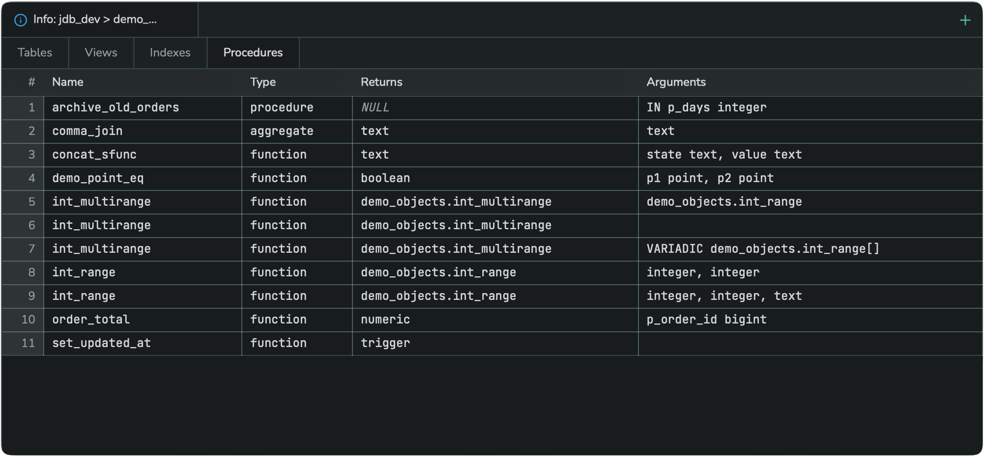 The Procedures sub-tab, listing routine name, type, return type, and arguments