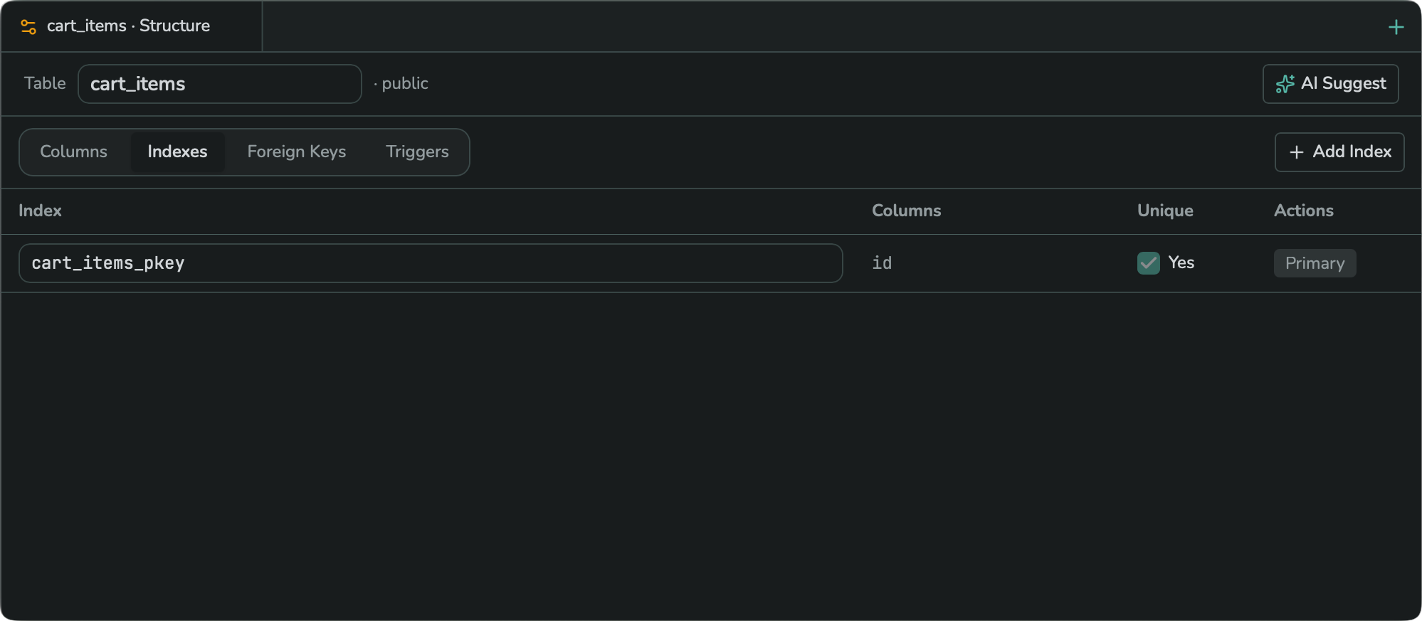 The Indexes sub-tab, showing the primary key index locked, with no drop option