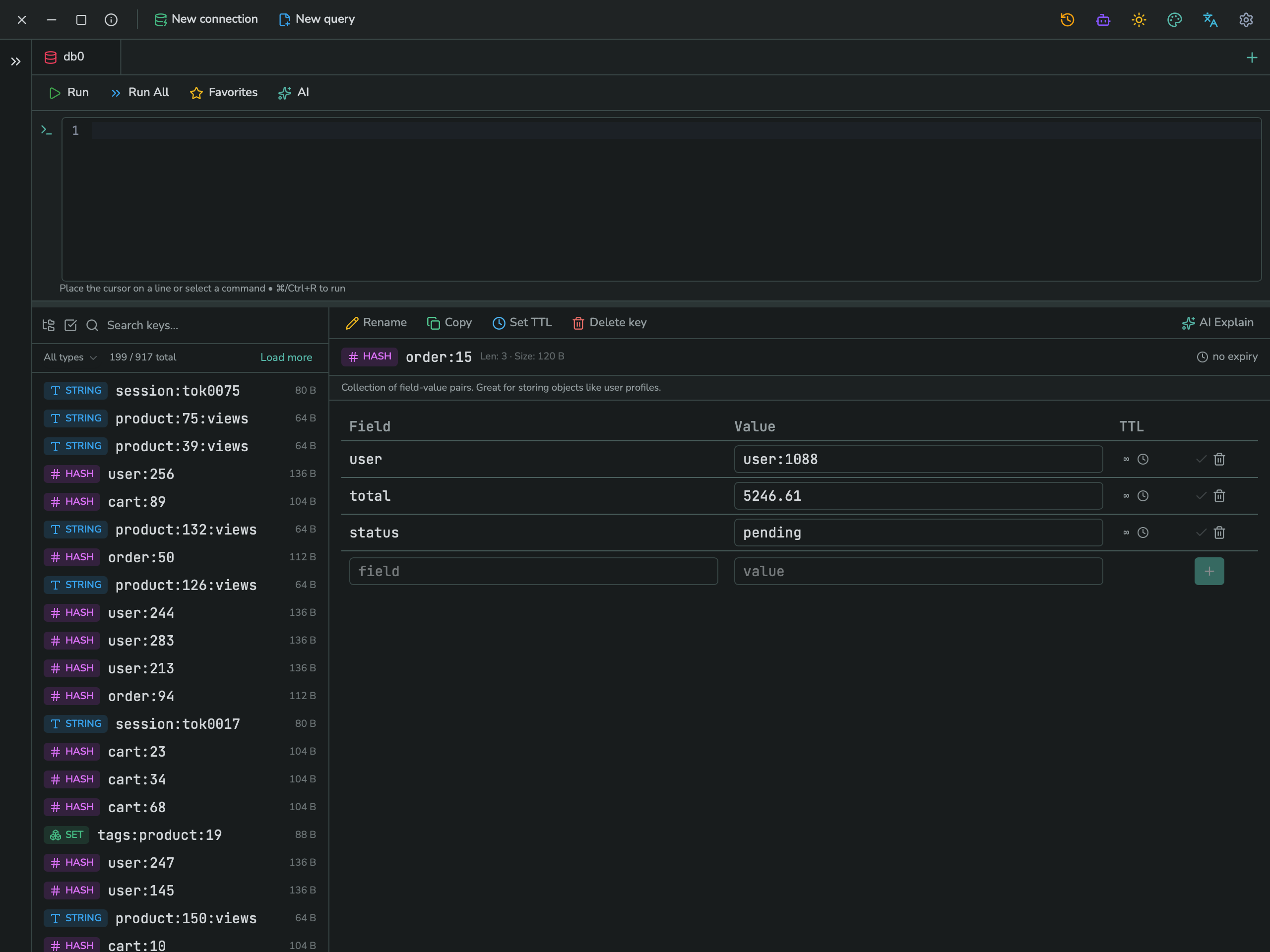The Redis key browser in flat view, listing keys with their type badge and size