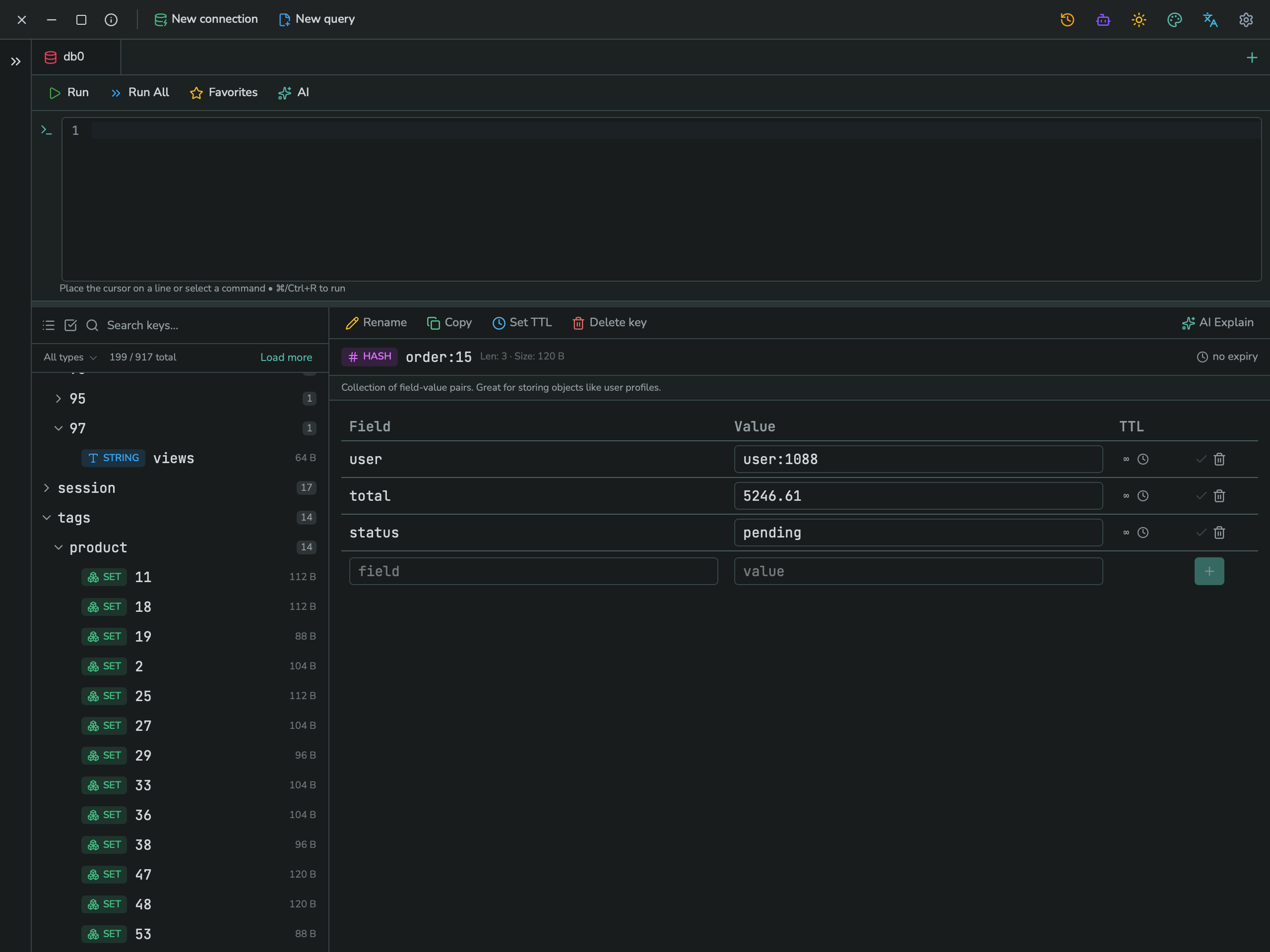 The Redis key browser in tree view, with keys grouped under namespaces like "tags" and "session"
