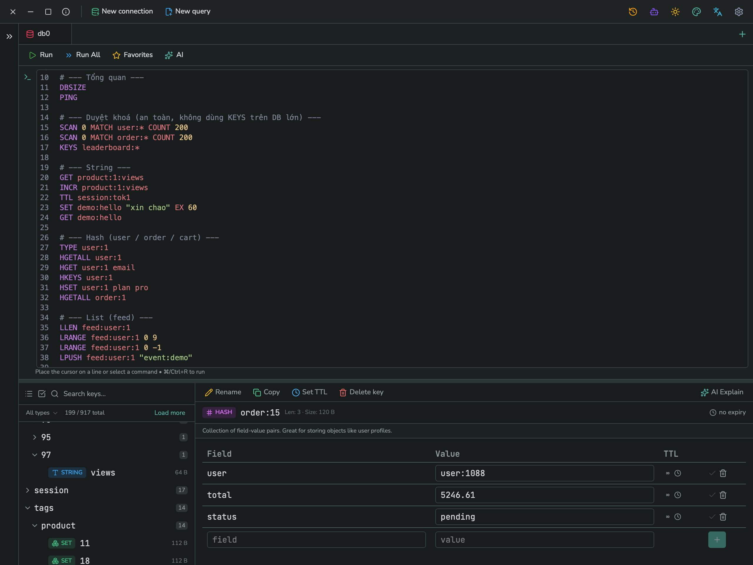 The Redis command console, with several example commands like SCAN, GET, HGETALL, and LRANGE