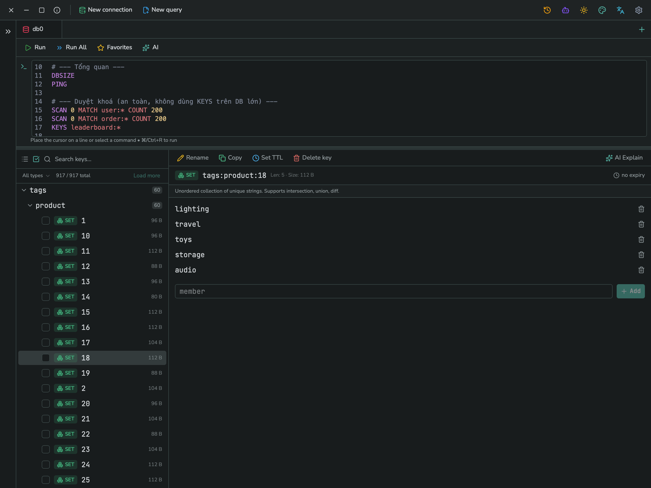 Several keys checked under a namespace group, ready for a bulk action