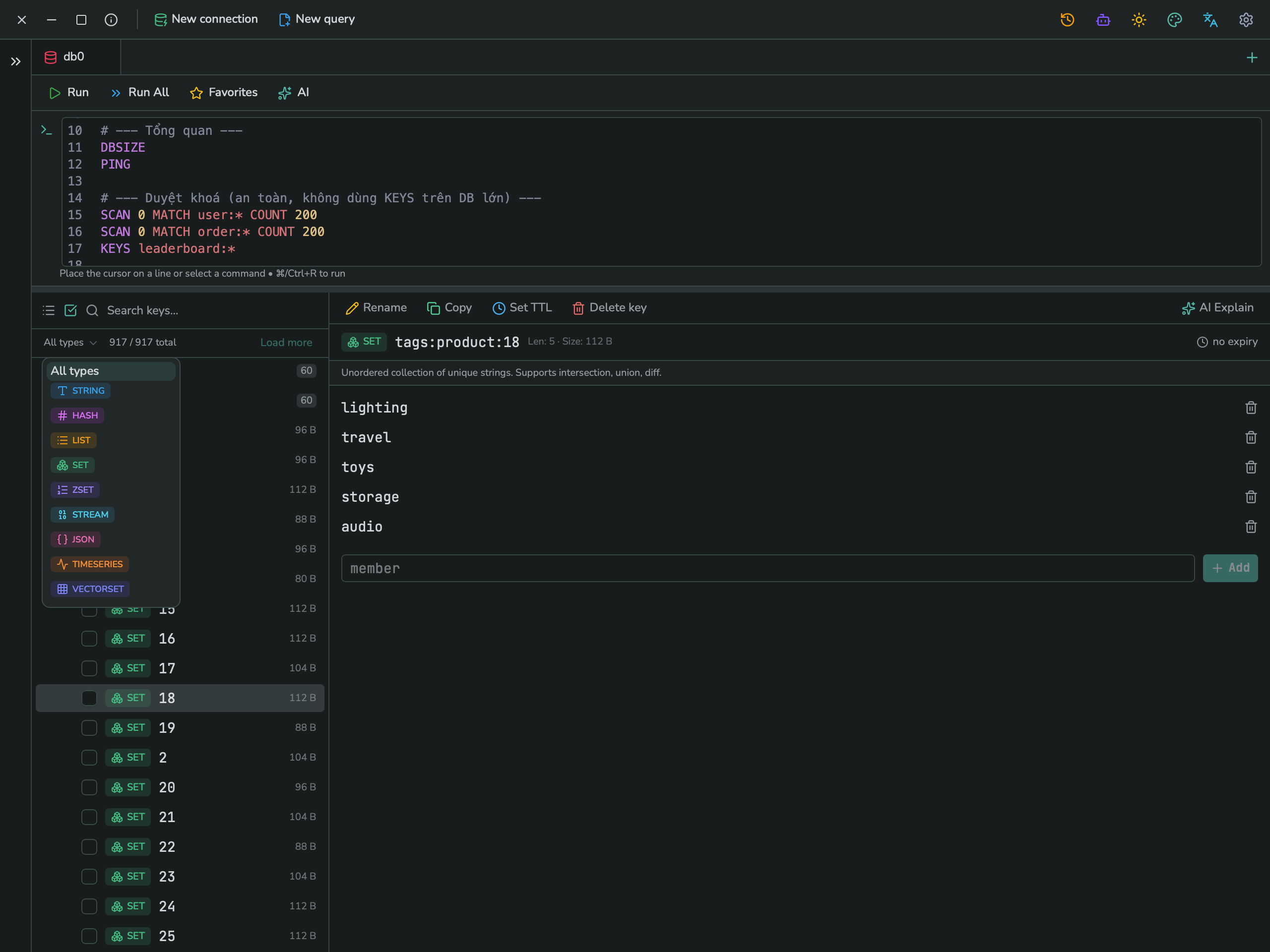The type filter dropdown, listing All types plus every supported Redis type