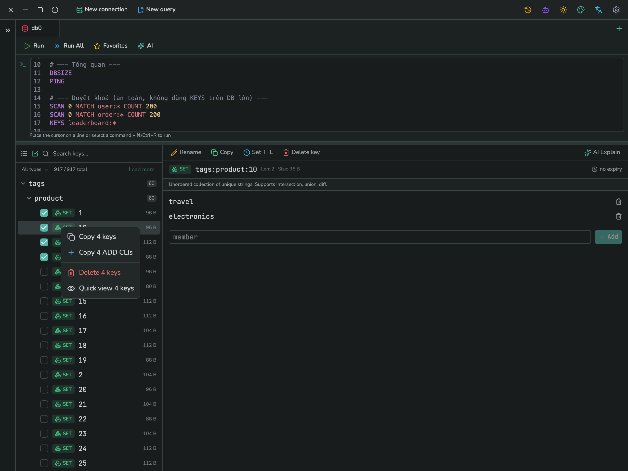 The right-click context menu on 4 selected keys, offering copy, delete, and quick view