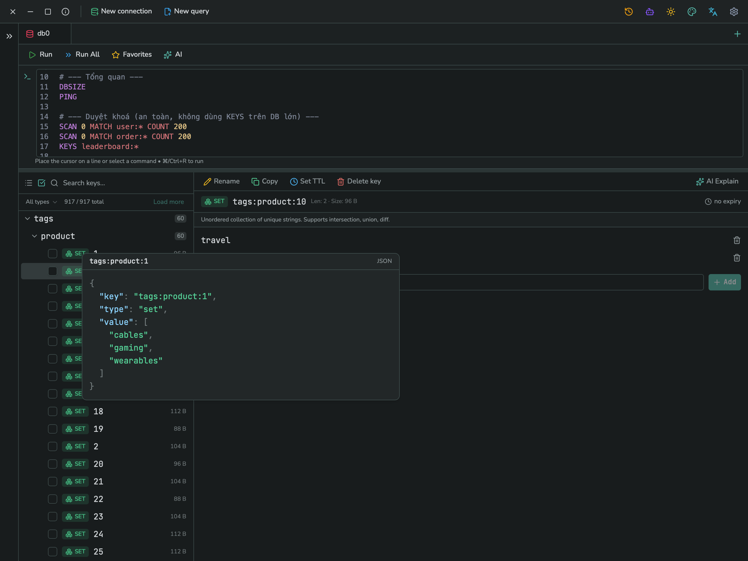 A Quick view popover showing a Redis Set's value as a JSON array