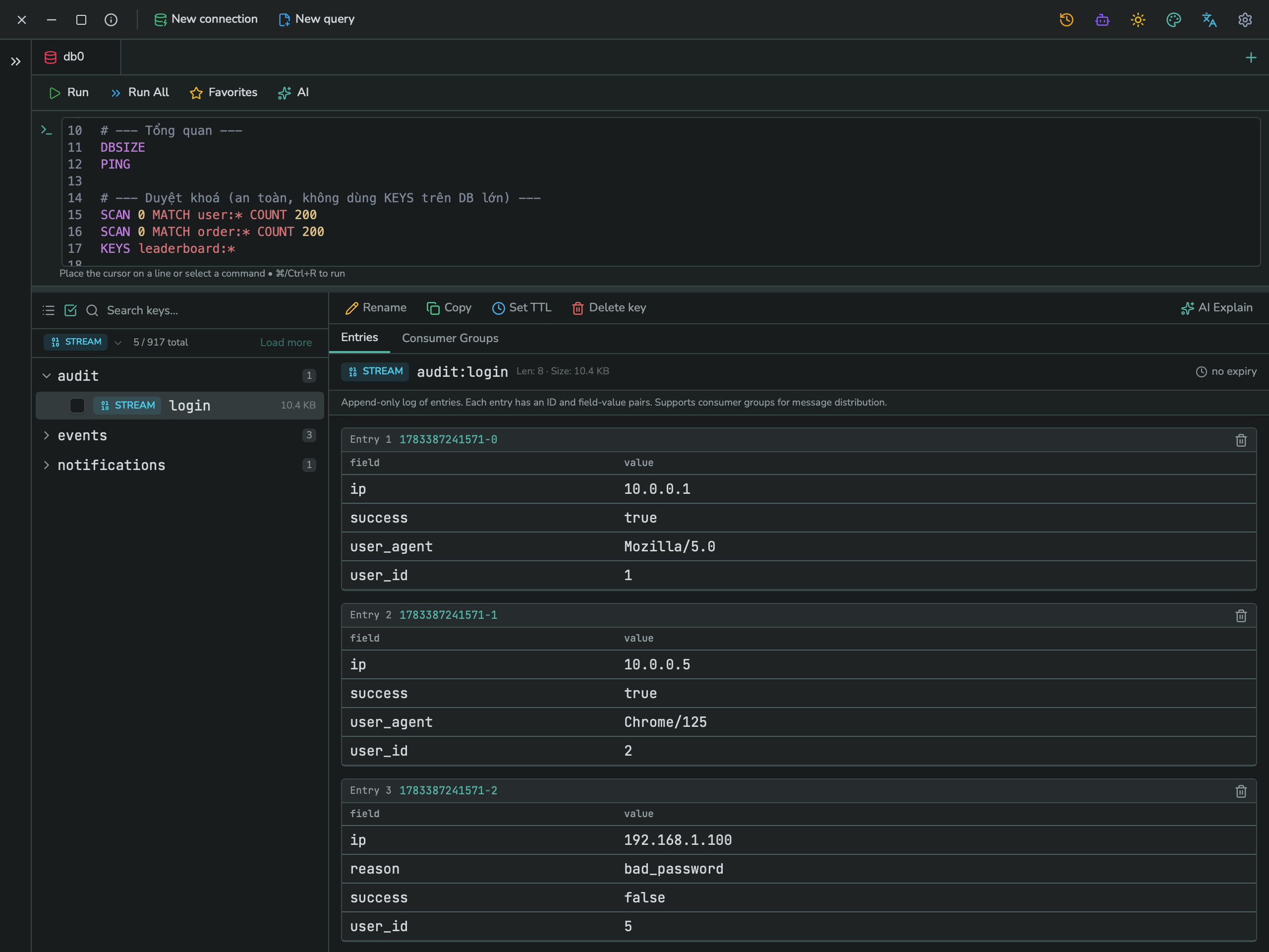 A Redis Stream's value panel, showing entries with IDs and their field/value pairs, plus an Entries/Consumer Groups tab switch